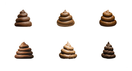 Set of realistic 3D poop in various shapes. Isolated transparent PNG background. Brown fecal matter piles. Pet poop. doo-doo. Comical concept. Wet and dry. collection 01