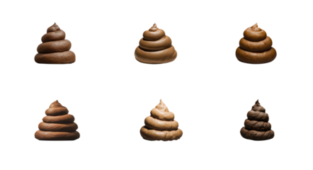 Set of realistic 3D poop in various shapes. Isolated transparent PNG background. Brown fecal matter piles. Pet poop. doo-doo. Comical concept. Wet and dry. collection 01
