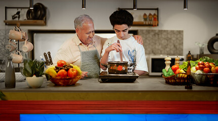 Indian Asian happy old aged chef man teen child talk modern home kitchen older elder male teach...