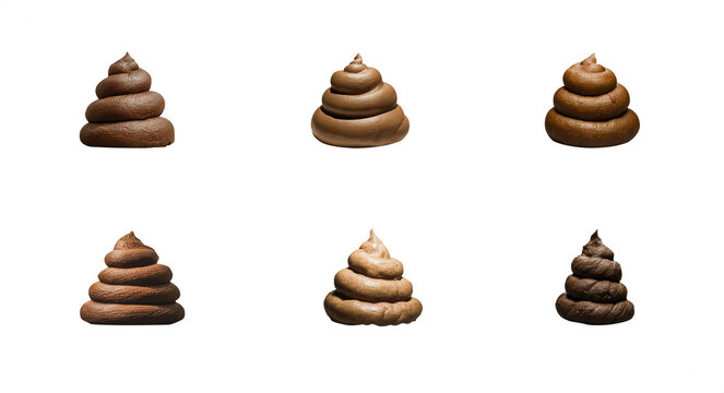 Set of realistic 3D poop in various shapes. Isolated transparent PNG background. Brown fecal matter piles. Pet poop. doo-doo. Comical concept. Wet and dry. collection 01
