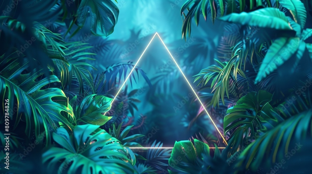 Poster an abstract neon backdrop featuring tropical leaves and a triangular frame