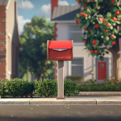 Whimsical Cartoon Mailbox on Suburban Street Minimalist Advertising Template with Copy Space