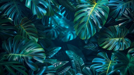 An abstract neon background adorned with tropical leaves