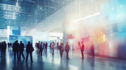 Background of an expo or convention with blurred individuals in an exposition hall. Concept image for a international exhibition, conference center, corporate marketing.