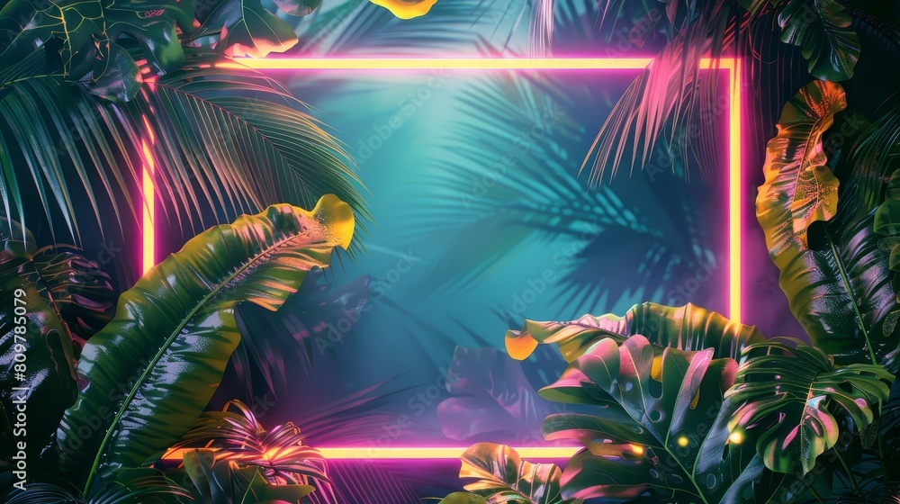 Poster an artistic square frame design with an abstract neon background and tropical leaves, using a color 