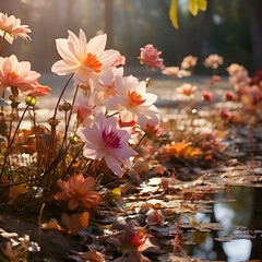 
Many autumn flowers mixed with fallen leaves, layer upon layer, cover the ground. The warm sunlight shines upon them style scenic