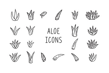 Hand drawn doodle aloe vera outline icon set