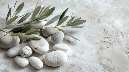 An artistic photo featuring an olive branch surrounded by white stones