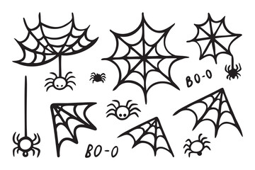 Spider web doodle icons Halloween decoration set. Monochrome Cobweb. Cute Spiders web elements.