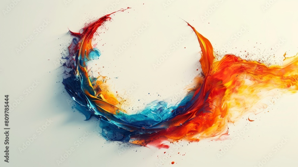 Poster an intricate design of colorful paint splashes shaped into an elegant crescent