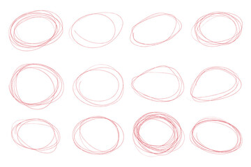 Doodle pencil drawn oval circles. Red grunge ovals and circles for highlighting 