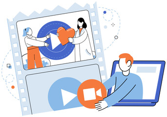 Video marketing vector illustration. Video marketing is effective strategy for promoting businesses and reaching target audiences The internet provides vast cyberspace where video marketing campaigns