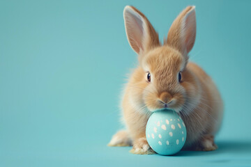 Adorable orange rabbit with a turquoise Easter egg on a soft blue background - AI generated. Perfect image of cute, fluffy bunny celebrating Easter with a polka-dotted egg, capturing spring and festiv