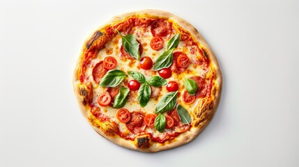Freshly baked margherita pizza with tomatoes, mozzarella cheese, and basil on a white background, top view.