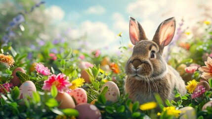 Develop an Easter banner with an imaginative rabbit head popping out of a hole