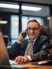 Happy middle-aged businessman executive wearing a suit and glasses talking on the cell phone while working at his desk in the office. he is satisfied with signing a business contract with the buyer