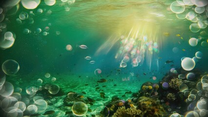 Fototapeta premium Bubbles and bokeh underwater in clear green ocean