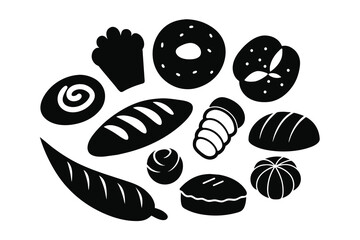 A hand-drawn set of bakery items elements pretzel croissant bread donut baguette Vector in the style of a doodle sketch. For cafe and bakery menus