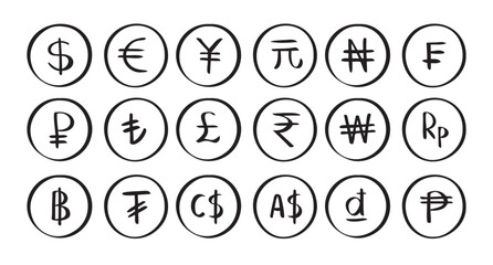 Hand drawn doodle set currency symbol. Currencies of different countries icons circle