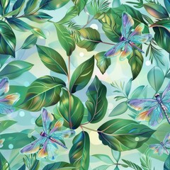 Vibrant Tropical Leaves and Butterflies Pattern Design
