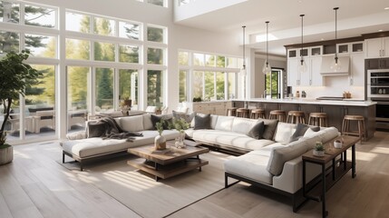 Fototapeta premium Beautiful living room interior in new luxury home with open concept floor plan. Shows kitchen, dining room, and wall of windows with amazing exterior.