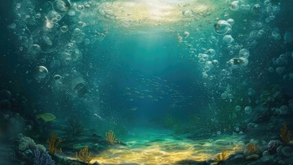 Fototapeta premium Bubbles and bokeh underwater in clear green ocean