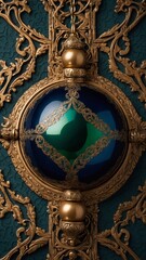 Luxurious golden ornate frame encases radiant blue, green orb. Intricate design of frame, adorned with elaborate patterns, motifs, exudes air of opulence. Central orb, gleaming with mysterious light.