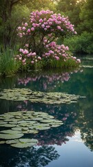 Tree, rich with pink blossoms, leans over calm pond, casting reflection on water. Surrounding greenery adds to tranquility of scene. Lily pads float on water, contributing to overall natural beauty.