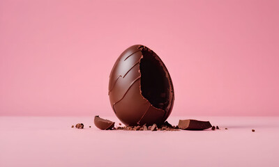 Cracked chocolate egg on a pink background. Artificial intelligence. 