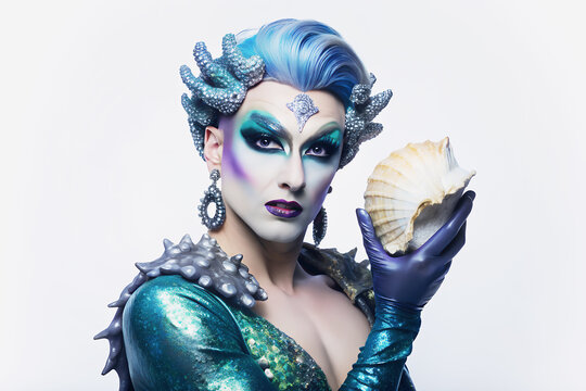 Drag Queen con un traje de sirena azul irisado y con un tocado de piedras y conchas marinas. Drag Queen hombre sobre fondo azul claro.