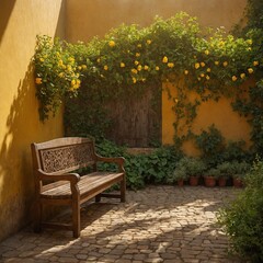Sunlight filters through leaves of lush, green vine with yellow flowers, casting dappled shadows on cobblestone path. Wooden bench with intricate carvings sits invitingly beside potted plants.