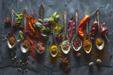 Craft an image that displays a collection of culinary spices and herbs, with an array of spoons aligned horizontally across a dark, slate background