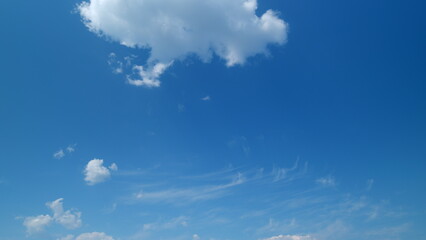 Cirrus or feather and cumulus on different layers clouds against a blue sky. Natural beautiful...