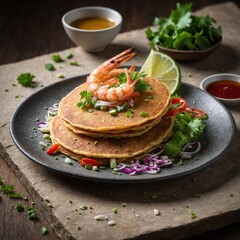 Stack of savory pancakes garnished with fresh herbs, chili, onions adorned with succulent shrimp. Dish presented on rustic wooden table, accompanied by slice of lime, bowls of sauce,.