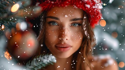 The concept of Christmas and New Year holidays.  White woman wearing a red Christmas hat. Golden skin. A smile. A positive body. Christmas and New Year decoration. Generative AI.