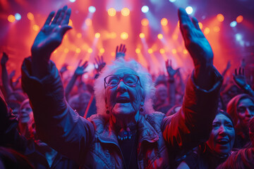 Fototapeta premium Older woman filled with happiness, raises her arms as she sways gracefully to the beats amidst the vibrant energy of a live concert