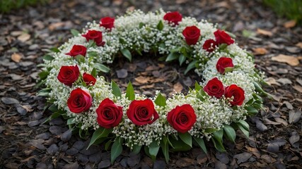 Beautiful floral arrangement forms circle on ground, surrounded by dark leaves. Vibrant red roses focal point, interspersed with clusters of delicate white flowers, rich green foliage. - Powered by Adobe
