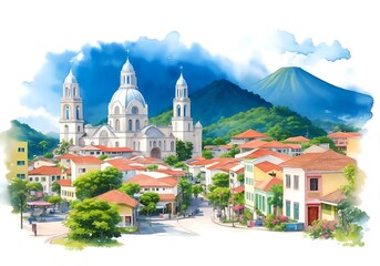 Fototapeta premium Honduras Country Landscape Watercolor Illustration Art