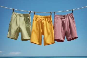 Three pairs of vibrant shorts hang on a clothesline with a clear blue sky backdrop