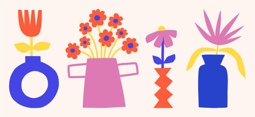 Vector trendy floral flat illustration set. Naive style flowers in vases. Botanical cute simple clipart