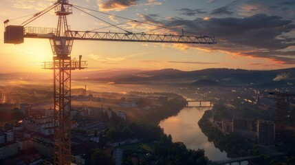construction crane construction site at sunset