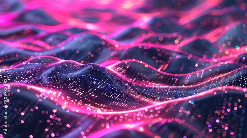 Poster abstract wavy light lines neural network purple blue and green isolated on black background in conce