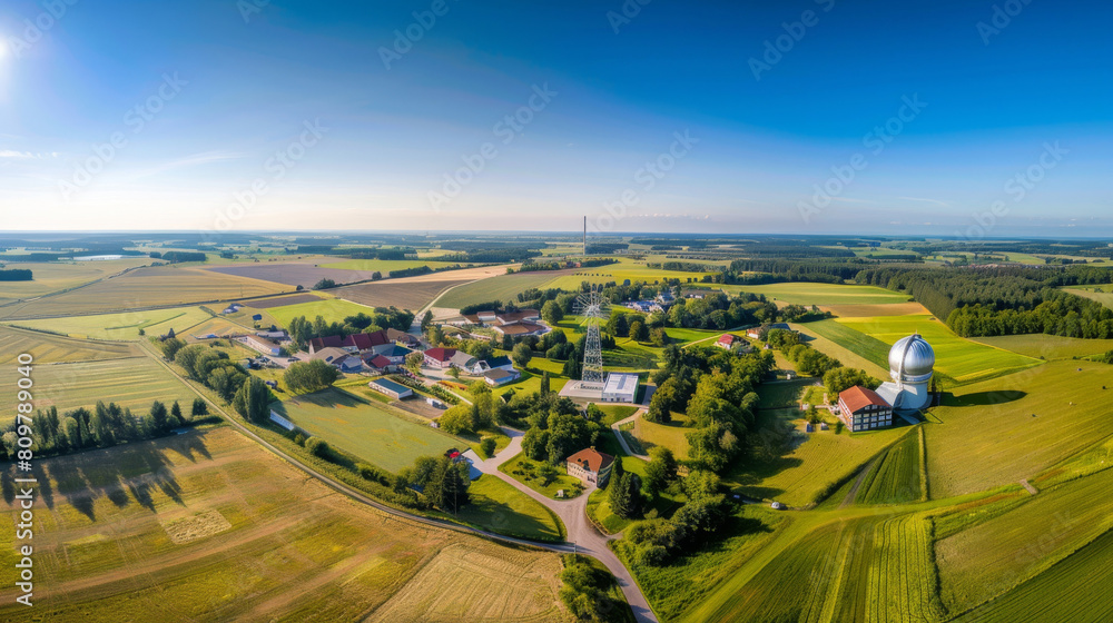 Poster aerial view of tranquil countryside with farms and fields on a sunny day