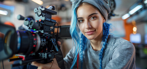 Young Caucasian Female Cinematographer With Blue Hair Adjusts Camera Equipment In Modern Studio, Focusing On Creative Video Production For Advertising, Showcasing Teamwork And Artistic Skill.