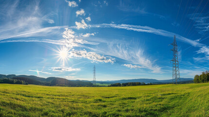 Idyllic landscape of a verdant field beneath clear blue skies with power lines extending into the distance