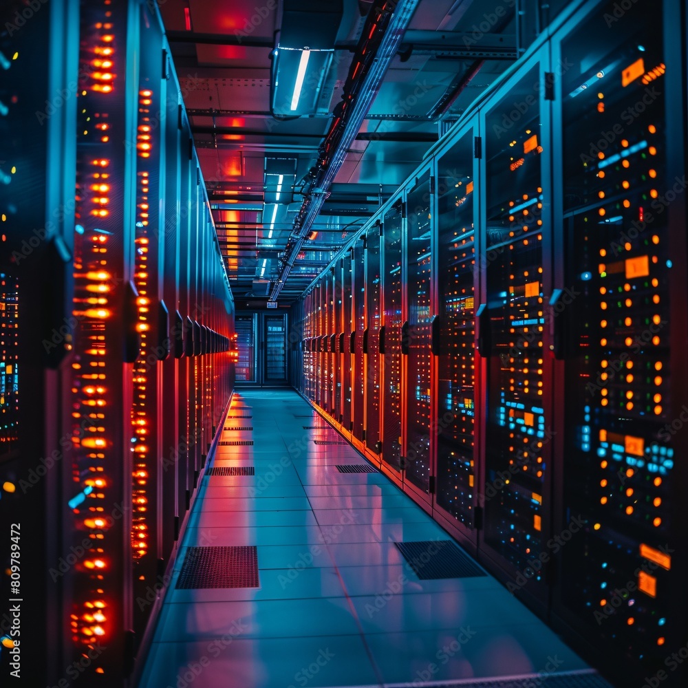Poster a high-tech data center, with rows of glowing servers: advanced data centers: the core of modern it 