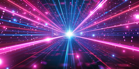 Naklejka premium Neon lights in pink and blue colors on a black background, with a laser show. Free stage with lights, Empty stage with red and purple spotlights,. Presentation concept. empty colorful room 