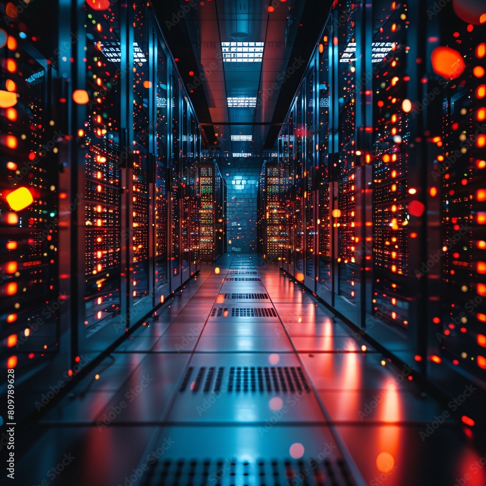 Poster a high-tech data center, with rows of glowing servers: building the foundations for future data serv