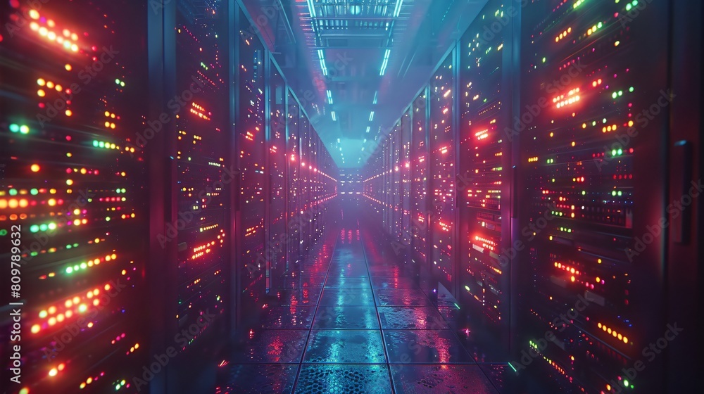 Poster a high-tech data center, with rows of glowing servers: building robust data infrastructures for tomo