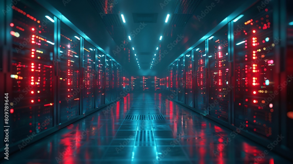 Poster a high-tech data center, with rows of glowing servers: centralized compute functions for enhanced da